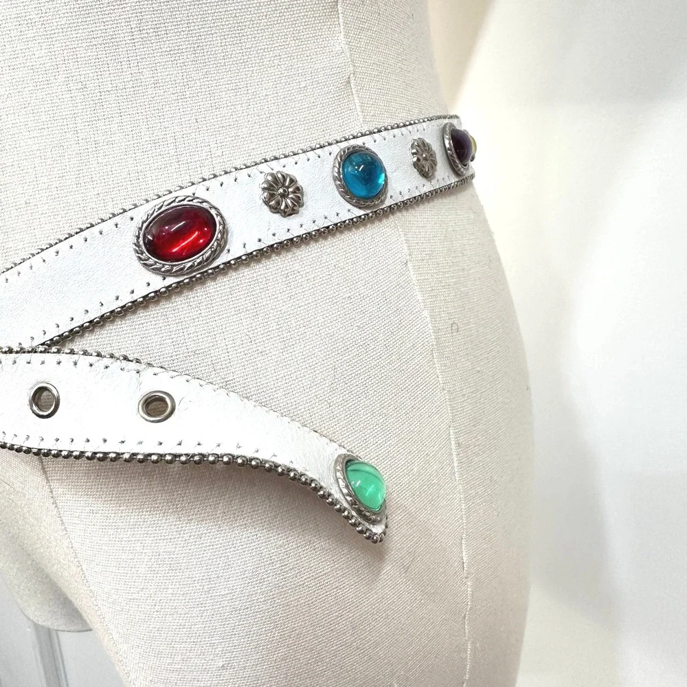 Vintage 80s Jeweled Cabochon Genuine Leather Belt M/L White Multicolor Festival